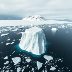 close up polar seascape with iceberg at ocean bay aerial. snow covered mountain at coast. arctic mel