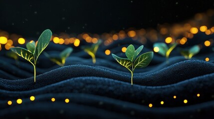 A close-up of green sprouts emerging from dark soil, illuminated by soft glowing lights, symbolizing growth and new beginnings.