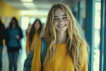 Wall Mural - A group of happy students walking in the hallway, smiling and looking at the camera. 