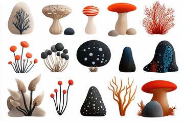 A collection of artistic organic shapes, including mushrooms and coral, showcasing vibrant colors and unique designs for creative projects.