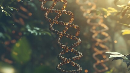 A close-up of a DNA strand, rendered in a 3D style, is shown hanging in a forest. The strand is composed of glowing particles and is highlighted by the sunlight streaming through the trees.