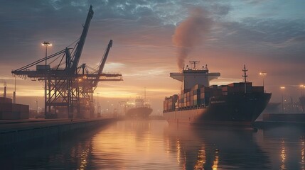 Wall Mural - Industrial port during the evening hours with a large container ship at dock and cranes operating against a dusky sky. Captures the scale and activity of maritime logistics.