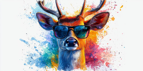 Wall Mural - A cool deer sporting sunglasses against a colorful splatter background.