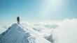 © VK Studio - A lone mountaineer stands triumphantly at the snowy summit, surrounded by a breathtaking sea of clouds under a radiant blue sky.