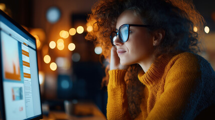 Wall Mural - A young woman with curly hair and glasses is intently looking at a computer screen in a dimly lit room with warm bokeh lights in the background.