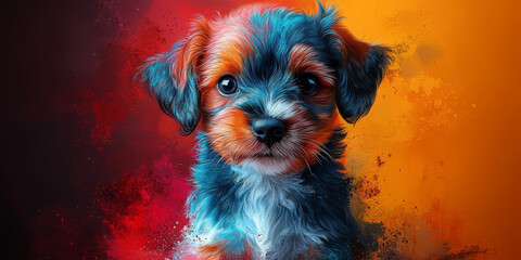 Sticker - A cute puppy with blue, brown, and white fur looks directly at the camera against a colorful background.