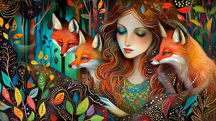 painting of a woman with two foxes in a forest