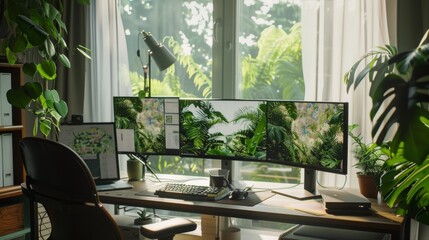 Sticker - A lush workspace near a large window filled with houseplants and a panoramic monitor, embodying a serene, green workspace.