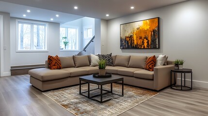 Cozy and Inviting Modern Living Room with Soft Lighting and Comfortable Sectional Sofa Coffee Table and Elegant Decor Elements