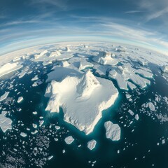 Wall Mural - Extreme icebergs from aerial view in panorama. Aerial View of Ocean Icebergs. Ultra realistic. Photorealistic