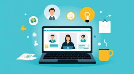 Poster - Multiethnic young people participate in a group video conference to exchange ideas, brainstorm, negotiate, observe, and discuss.