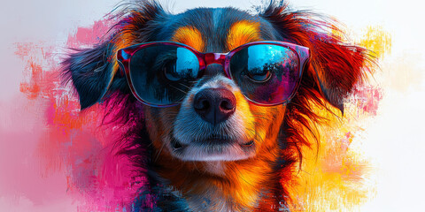 Sticker - Cool dog wearing sunglasses with a colorful background.