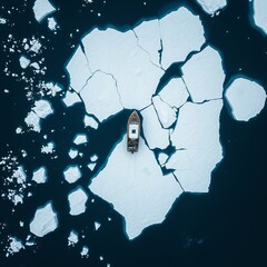 Wall Mural - An aerial view of a boat floating on top of a body of water surrounded by ice. Aerial View of Ocean Icebergs. Ultra realistic. Photorealistic