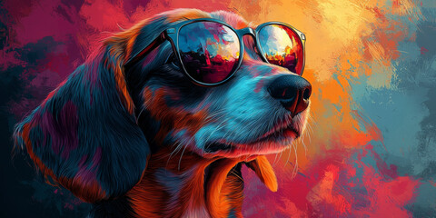 Canvas Print - Cool dog wearing sunglasses with a colorful background.