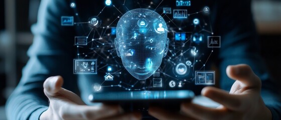 Poster - Futuristic Holographic Interface with AI and Digital Connectivity