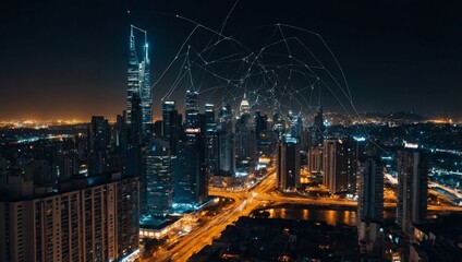 Sticker - Cityscape at night with a network of lights connecting buildings.