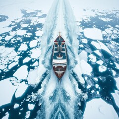 Wall Mural - Aerial view of an ice breaker moving in frozen sea. Aerial View of Ocean Icebergs. Ultra realistic. Photorealistic