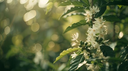 Canvas Print - Delicate white flowers bloom amidst vibrant green leaves, bathed in soft, golden sunlight, creating a serene and tranquil garden scene.