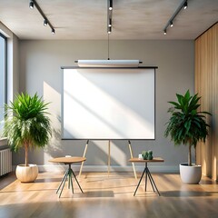 A modern and minimalist office space with a blank projector screen. perfect for showcasing presentations. infographics. or business ideas.