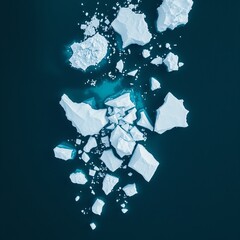 Wall Mural - Aerial view of a glacier breaking up into smaller icebergs in a turquoise ocean. Aerial View of Ocean Icebergs. Ultra realistic. Photorealistic