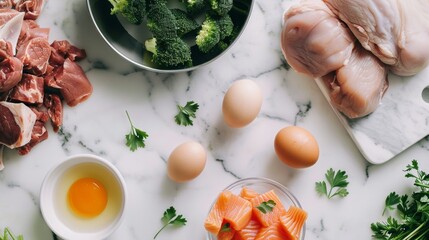 Wall Mural - A marble kitchen countertop with an assortment of fresh ingredients including eggs, chicken, broccoli, and salmon, ready for cooking.