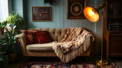 Cozy and Elegant Vintage Living Room with Brass Floor Lamp and Phonograph  This image captures the warm and inviting atmosphere of a classic living space with vintage decor elements