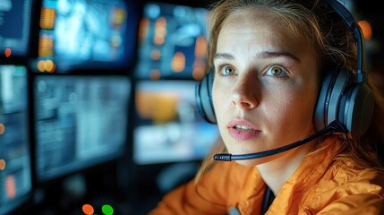 Poster - Night Vigil, Female security operator in headset, monitoring multiple screens, focused on surveillance, dimly lit control room, high-tech environment, intense concentration