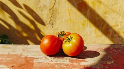 Wall Mural - Sunlit tomatoes rest on a weathered wooden surface, highlighting the vibrant colors and natural textures in a cozy outdoor setting.