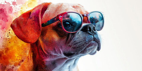 Wall Mural - A cool dog in sunglasses looking to the side against a bright watercolor background.