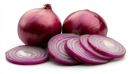 Wall Mural - Red onions, including whole and sliced varieties, isolated on a white background.