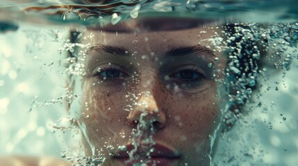 A person’s face submerged in water, creating a surreal and artistic image with bubbles and ripples enhancing the intrigue.