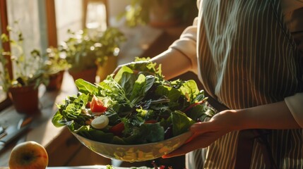 A person presents a large, vibrant salad in a sunlit kitchen, showcasing the freshness and healthiness of home-cooked meals.