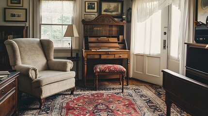 Wall Mural - A cozy and elegant vintage living room featuring an antique writing desk a comfortable wingback chair and a faded but ornate oriental rug