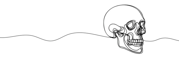 Human scull. One line continuous Halloween skull isolated on white background. Line art outline vector illustration