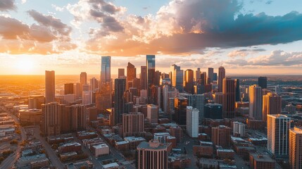 Wall Mural - Sunset Over a City Skyline with Golden Clouds