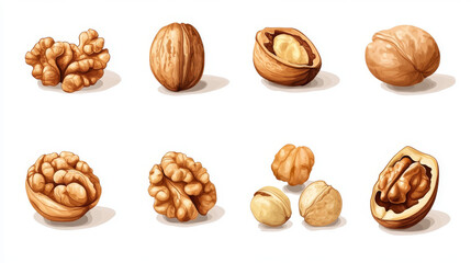 Wall Mural - Set of delicious walnuts, featuring whole walnuts and halved shells revealing the nut inside, isolated on a white background.