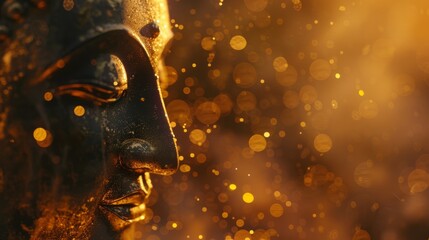 Close-up of a serene Buddha statue bathed in golden light, surrounded by bokeh lights, evoking a sense of peace and spiritual transcendence.