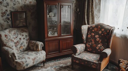 Wall Mural - A cozy and sophisticated vintage living room showcasing a glass fronted cabinet a comfortable leather wingback chair and a plush floral sofa creating a warm and inviting atmosphere