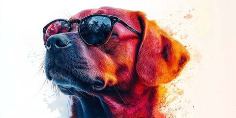 Sticker - A close-up of a dog wearing sunglasses, painted in a colorful abstract style.