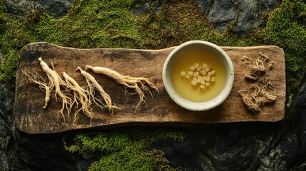 Natural beauty scene featuring a bowl of ginseng tonic on a wooden board, ginseng roots, and dried twigs, all resting on vibrant green moss. A serene and organic setup.