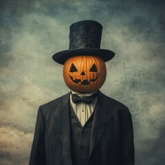 Wall Mural - Man in a top hat and tuxedo with a pumpkin head for Halloween