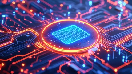 Poster - Glowing Circuit Board with Circular Display, vibrant blue and orange hues illuminate intricate patterns, central display radiates energy, showcasing advanced technology and design elegance