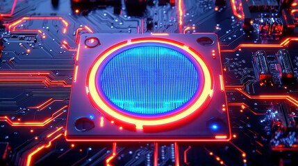 Poster - Glowing Blue and Orange Circuit Board with Circular Display, vibrant colors illuminating intricate details, showcasing advanced technology in a sleek, modern design.