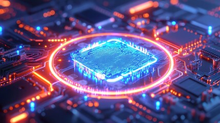 Poster - Glowing Blue and Orange Circuit Board Display, an intricate design featuring vibrant blue and orange circuitry surrounding a central circular display, showcasing advanced technology.