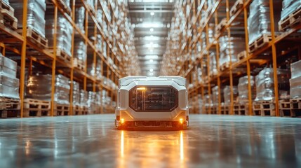 Poster - Automated Logistics Solutions, cutting-edge warehouse robots optimizing space and efficiency, advanced distribution systems enhancing productivity and reducing operational costs
