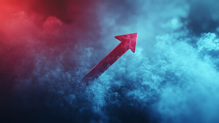 Poster - Abstract illustration of a red upward arrow piercing through colorful smoky clouds