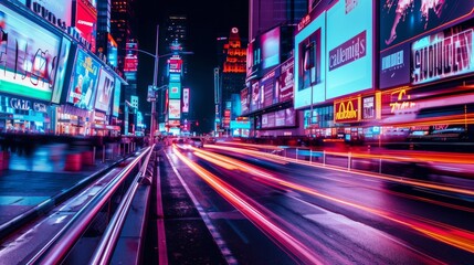 A bustling city street at night, illuminated by vibrant neon lights and speeding car trails, captures the energy and excitement of urban nightlife.