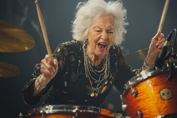 elderly woman playing drums in a rock band, passionately immersed in the music. her face glowing wit