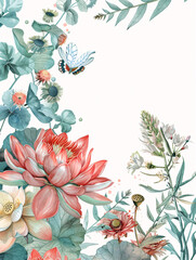 Wall Mural - Watercolor Floral Border with Lotus and Butterfly