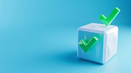 3D rendering of a white cube with green checkmarks on a blue background symbolizing approval, quality, and success.